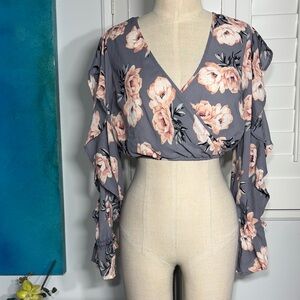 Charlotte Russe Gray Floral Ruffle Blouse